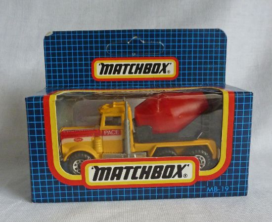 Picture of Matchbox Dark Blue Box MB19 Peterbilt Cement Truck Yellow/Red "Pace"
