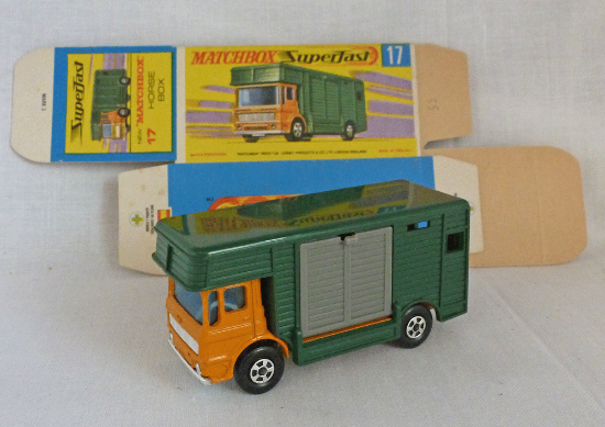 Picture of Matchbox Superfast MB17e AEC Horse Box Orange with Green Rear with MINT UNFOLDED BOX!