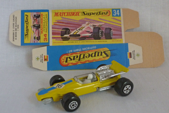 Picture of Matchbox Superfast MB34d Formula 1 Racing Car Yellow WW with MINT UNFOLDED BOX!