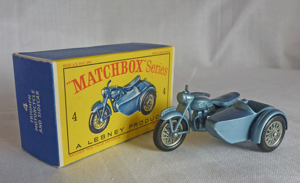 Rockertron Toys. Matchbox Toys MB4c Triumph T110 Motorcycle Sidecar D