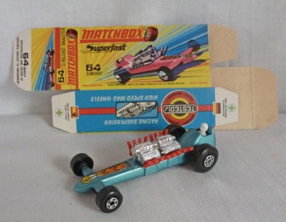 Picture of Matchbox Superfast MB64c Slingshot Dragster Steel Blue with MINT UNFOLDED BOX!