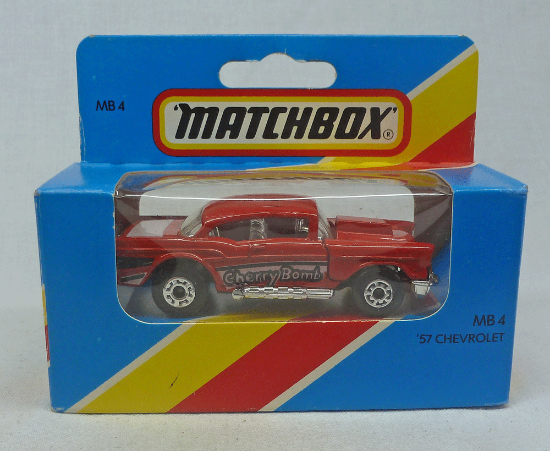 Picture of Lesney Matchbox Blue Box MB4g '57 Custom Chevy Red with BLACK BASE