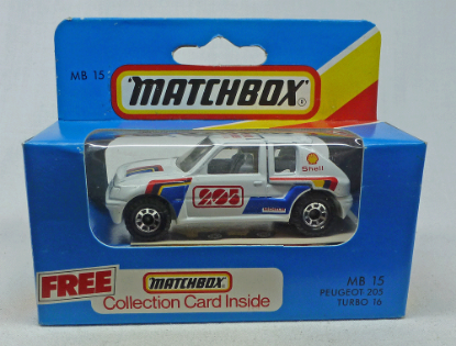 Picture of Matchbox Blue Box MB15 Peugeot 205 Turbo 16 with "WRIGHT LEASING" Tampos