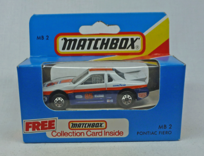 Picture of Matchbox Blue Box MB2 Pontiac Fiero Blue/White with 8 Dot Wheels