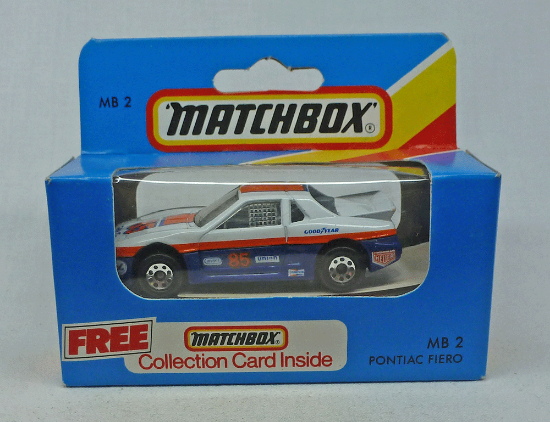Picture of Matchbox Blue Box MB2 Pontiac Fiero Blue/White with 8 Dot Wheels