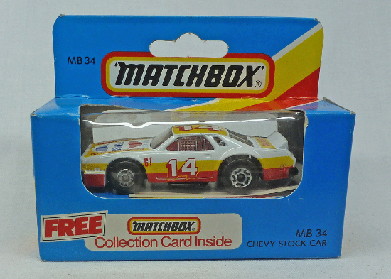 Picture of Matchbox Blue Box MB34 Chevy Stock Car "Pepsi" with 5 Arch Front Wheels [Clear Windows]