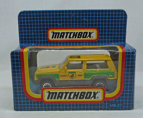 Picture of Matchbox Dark Blue Box MB27 Jeep Cherokee Yellow Forest Ranger